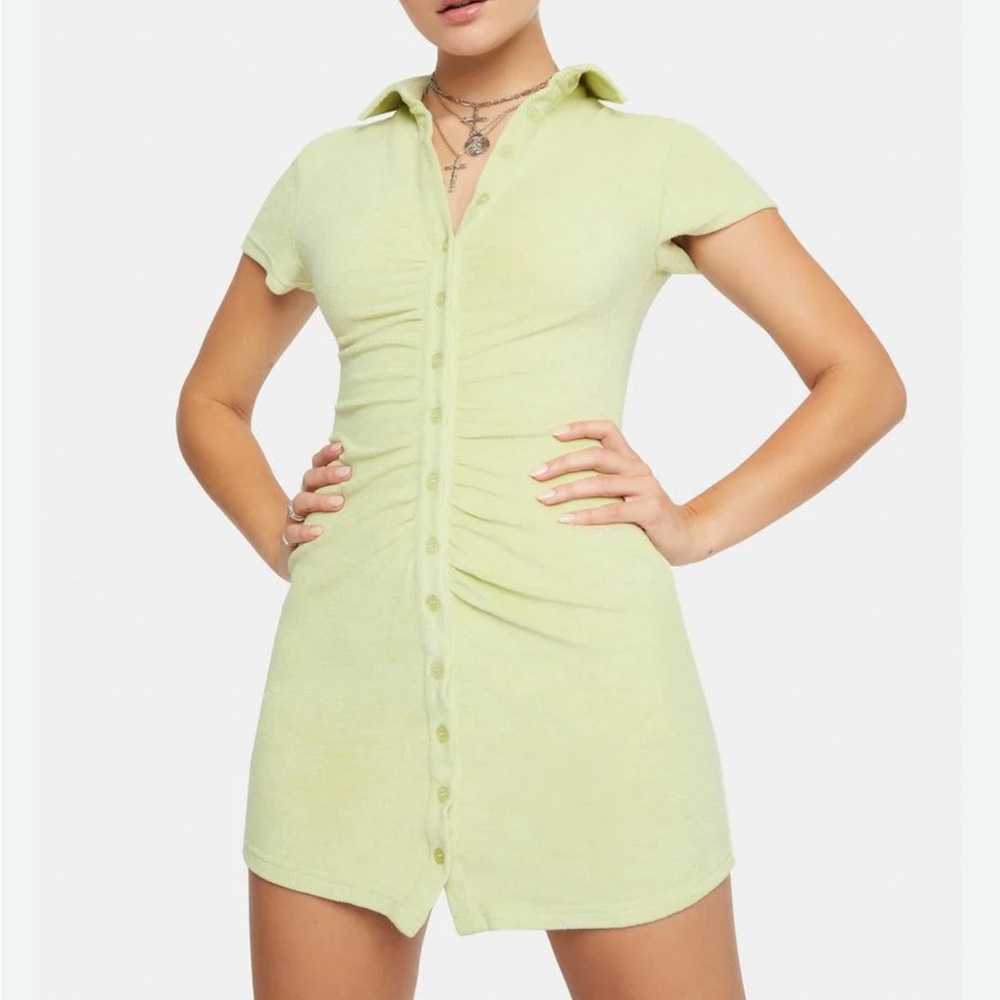 Beige Botany Green Terrycloth Collared Button Front Ruched Bodycon Mini Dress